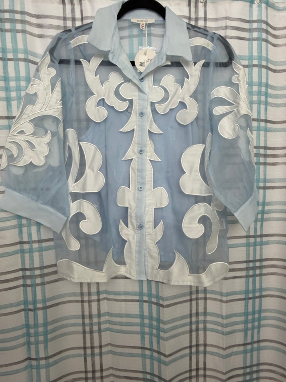 Pastels Light Blue Sheer Embroidered Button-Up Blouse